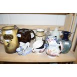 MIXED LOT : VARIOUS WARES TO INCLUDE DECORATED JUG, VASES ETC