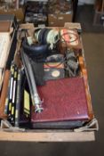 BOX OF MIXED HOUSEHOLD WARES TO INCLUDE CASED CUTLERY, SMALL BAROMETER, CASED SHAVING SET ETC