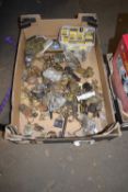 ONE BOX VARIOUS BRASS AND IRON FURNITURE FITTINGS
