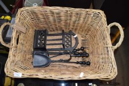 WICKER BASKET AND FIRE TOOL SET