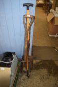 MIXED LOT : TWO GARDEN FORKS, SPADE AND A WALKING STICK