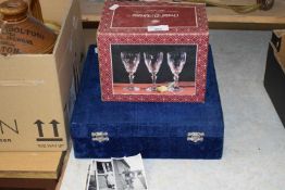 CASED SET OF SIX POLISHED STONE GOBLETS, TOGETHER WITH A BOX OF WINE GLASSES