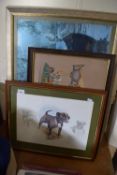 NIGEL HEMMING, PRINT OF STAFFORDSHIRE BULL TERRIER, TOGETHER WITH NEEDLEWORK PICTURE AND A PRINT (