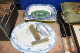 MIXED LOT : MEAT PLATES, DRESSING TABLE BRUSHES, RABBIT SHAPED JELLY MOULD, ETC