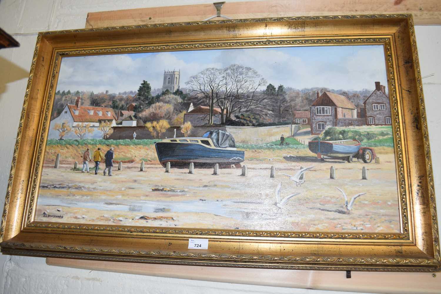 BRANSCOMBE, STUDY OF BEACH SCENE WITH FISHING BOATS, OIL ON BOARD, GILT FRAMED 57CM WIDE