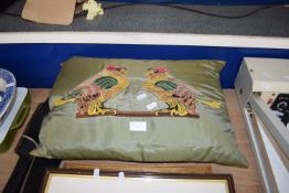 VINTAGE NEEDLEWORK COVERED CUSHION DECORATED WITH TWO BIRDS