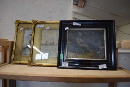 THREE SMALL WATERCOLOUR STUDIES - BROADLAND SCENES, TOGETHER WITH A FURTHER OLEOGRAPH PRINT (4)