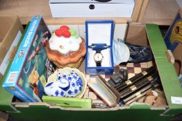MIXED LOT : BOXED GENTS WRIST WATCH, SMALL TABLE SCREEN, VARIOUS CERAMICS, CHESS BOARD ETC