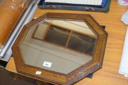 OCTAGONAL OAK FRAMED MIRROR WITH A WOODEN PICTURE OF A PENGUIN AND A MODEL OIL ON CANVAS STUDY OF