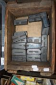 WOODEN BOX CONTAINING LARGE METAL PRINTERS LETTERS, EACH LETTER APPROX 3INS HIGH