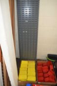 METAL WORKSHOP RACKING WITH ACCOMPANYING YELLOW PLASTIC STORAGE BOXES