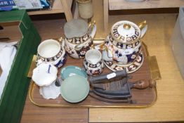 TRAY OF MIXED ITEMS TO INCLUDE GILT DECORATED TEA WARES, FLAT IRON AND OTHER ITEMS