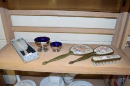 QUANTITY OF VARIOUS DRESSING TABLE BRUSHES, HAND MIRROR, PLUS SILVER PLATED SALTS WITH BLUE GLASS