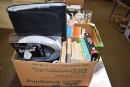BOX OF BOOKS, DYSON CASES, TABLE LAMPS ETC