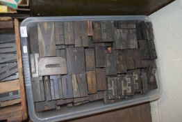 BOX OF WOODEN PRINTERS LETTERS, EACH LETTER APPROX 4INS HIGH