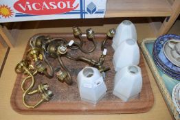COLLECTION OF BRASS WALL LIGHT FITTINGS WITH GLASS SHADES