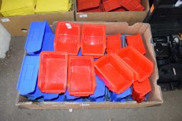BOX OF BLUE AND RED PLASTIC WORKSHOP STORAGE TRAYS