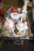 BOX CONTAINING VARIOUS HOUSE CLEARANCE CERAMICS AND OTHER ITEMS TO INCLUDE INDIAN TREE TEA POT,