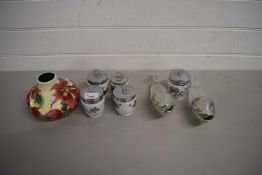 MIXED LOT : FLORAL DECORATED SQUAT VASE, PAIR OF DOLPHIN SHAPED VASES AND ROYAL WORCESTER EGG