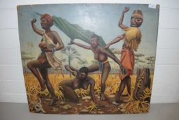 20TH CENTURY SCHOOL, STUDY OF A TRIBAL DANCE, OIL ON BOARD, UNFRAMED AND UNSIGNED, 71CM WIDE
