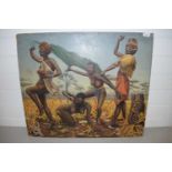 20TH CENTURY SCHOOL, STUDY OF A TRIBAL DANCE, OIL ON BOARD, UNFRAMED AND UNSIGNED, 71CM WIDE