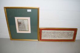 TWO SMALL FRAMED ILLUMINATED DOCUMENTS