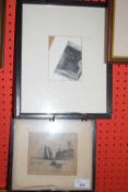 SMALL BLACK AND WHITE ETCHING, FIGURE IN A BOAT BESIDE A LIGHTHOUSE, UNSIGNED, PLUS A FURTHER