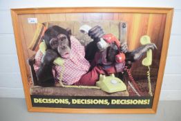 COMICAL PRINT OF A CHIMPANZEE ENTITLED 'DECISIONS DECISIONS DECISIONS'