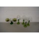 FOUR GREEN STEMMED HOCK GLASSES AND THREE OTHERS