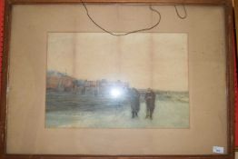 19TH CENTURY BRITISH SCHOOL, FIGURES BEFORE A GROUP OF RURAL BUILDINGS, WATERCOLOUR, UNSIGNED,