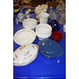 MIXED LOT : DECORATED PLANT POTS, FLORAL DECORATED TUREEN, BLUE ENAMEL METAL TEA POT ETC