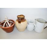 MIXED LOT : LARGE STONEWARE JUG, ENAMEL JUG, GLAZED PLANT POT ETC