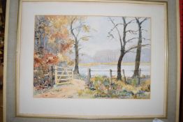 H BARKER, STUDY OF A LAKESIDE PATH, WATERCOLOUR, FRAMED, 55CM WIDE