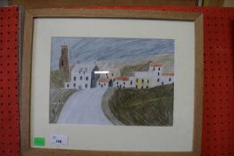 20TH CENTURY SCHOOL, NAIVE STUDY OF STREET SCENE WITH CHURCH, CRAYON, UNSIGNED, F/G, 42CM WIDE