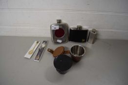 MIXED LOT : VARIOUS MODERN HIP FLASKS AND CASED TRAVELLING CUPS, PLUS COLLECTORS SPOONS