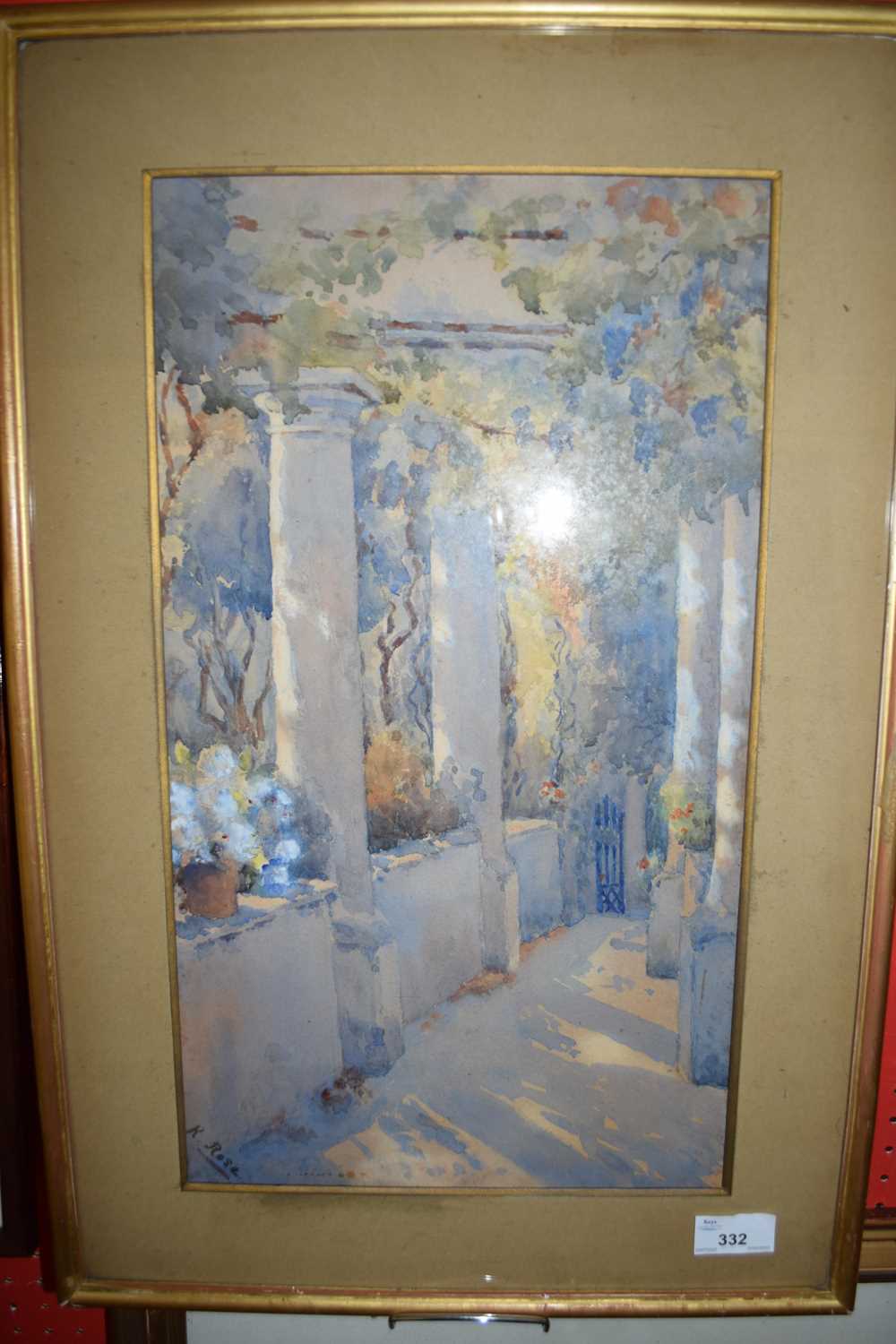 K ROSE, A VIEW ALONG A COLUMNED TERRACE, WATERCOLOUR, GILT F/G, 58CM HIGH