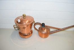 SMALL COPPER WATERING CAN AND A COPPER COVERED POT (2)