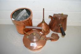 MIXED LOT : COPPER WARES TO INCLUDE KETTLES, FUNNEL, PLANTERS ETC