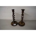 PAIR OF WOODEN BARLEY TWIST CANDLESTICKS