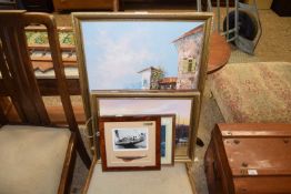 MIXED LOT OF PICTURES TO INCLUDE A R HARROLD, OIL ON BOARD STUDY OF FISHING BOATS, PLUS A FURTHER