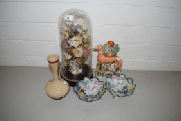 MIXED LOT COMPRISING A DISPLAY OF FAKE FLOWERS UNDER A GLASS DOME TOGETHER WITH A STAFFORDSHIRE