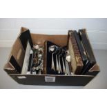 BOX CONTAINING A LARGE QUANTITY VARIOUS COLLECTORS SPOONS, CASED CUTLERY ETC