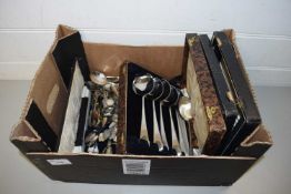 BOX CONTAINING A LARGE QUANTITY VARIOUS COLLECTORS SPOONS, CASED CUTLERY ETC
