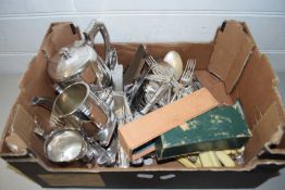 BOX VARIOUS ASSORTED SILVER PLATED CUTLERY, TEA SET ETC