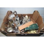 BOX VARIOUS ASSORTED SILVER PLATED CUTLERY, TEA SET ETC