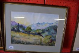 JUDY BARBER, STUDY OF RURAL SCENE WITH DISTANT MOUNTAINS, WATERCOLOUR, F/G, 47CM WIDE