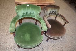 NEAR PAIR OF LATE 19TH CENTURY GREEN UPHOLSTERED BOW BACK CHAIRS