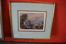 19TH CENTURY SCHOOL, FIGURES ON A BRIDGE, WATERCOLOUR, UNSIGNED, FRAMED, 39CM WIDE