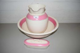 WASH BOWL, JUG AND SOAP DISH DECORATED WITH PINK BANDING