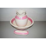 WASH BOWL, JUG AND SOAP DISH DECORATED WITH PINK BANDING